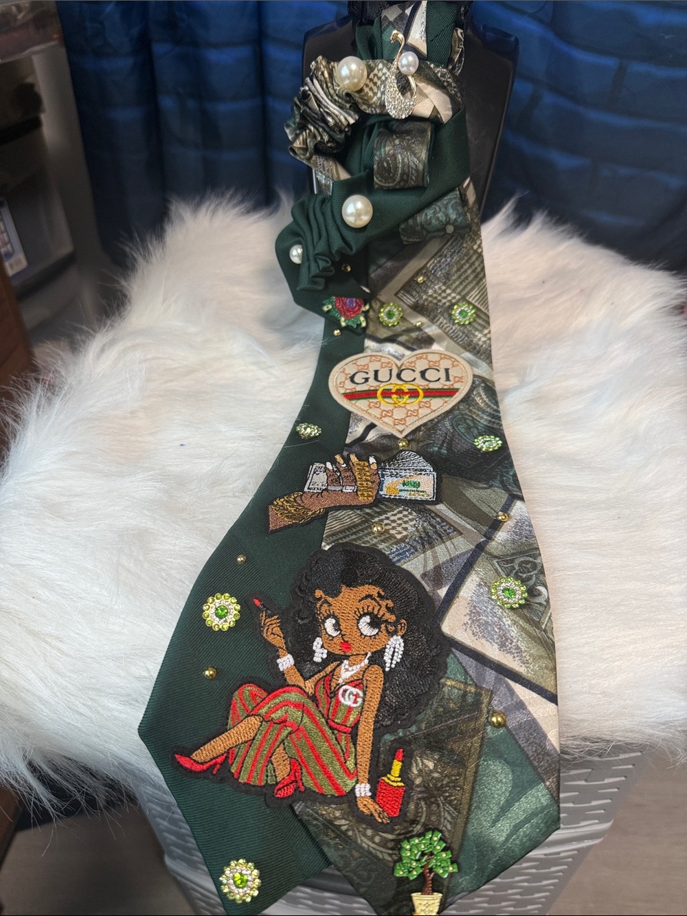 Junk Tie Dark Green Novelty Embroidered Tie with Red and Gold Accents